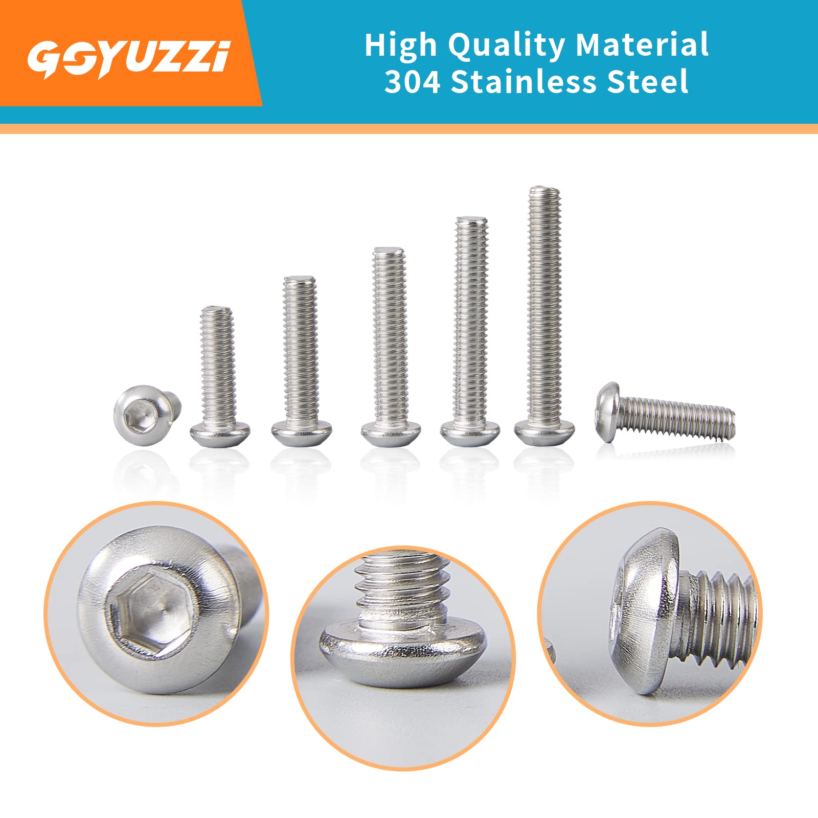 M6 x 20mm 25mm 30mm 35mm 40mm Button Head Socket Cap Screws Bolts, 304 Stainless Steel, Bright Finish, Metric Allen Hex Drive, Fully Threaded, 50PCS