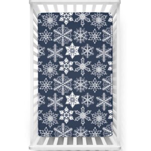 snowflake themed fitted crib sheet,soft toddler mattress sheet fitted - crib mattress sheet or toddler bed sheet,navy blue white,52“ x28“