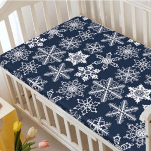 Snowflake Themed Fitted Crib Sheet,Soft Toddler Mattress Sheet Fitted - Crib Mattress Sheet or Toddler Bed Sheet,Navy Blue White,52“ x28“