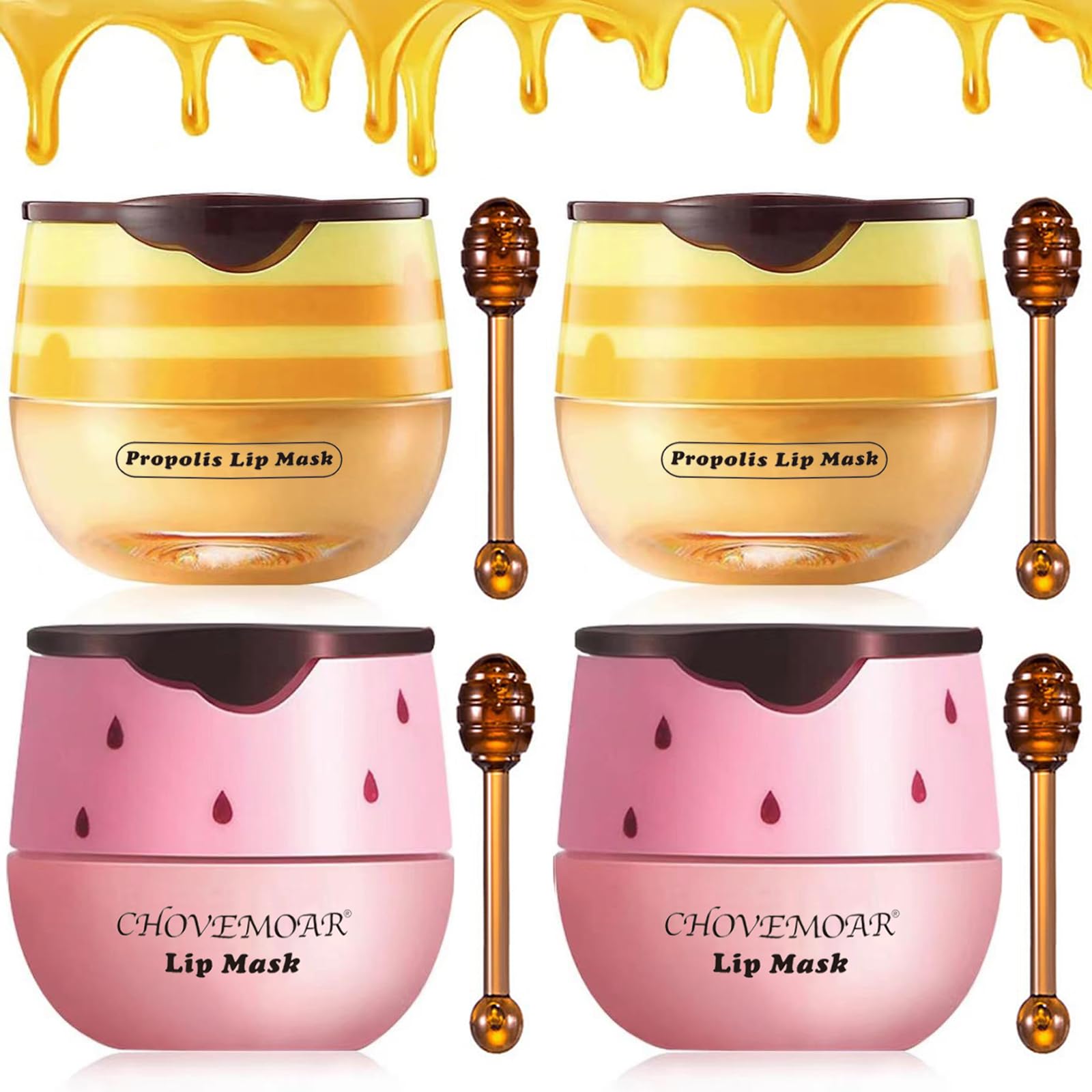 4PCS Strawberry & Honey Lip Balm, Vitamin E Moisturizing Propolis Sleeping Lip Mask, Effective Reduces Lip Lines Prevention Dry and Cracked Lip Scrubs Exfoliator Smoothing Dry Lip Care