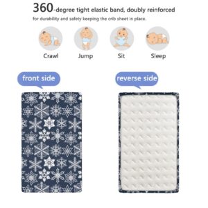 Snowflake Themed Fitted Crib Sheet,Soft Toddler Mattress Sheet Fitted - Crib Mattress Sheet or Toddler Bed Sheet,Navy Blue White,52“ x28“