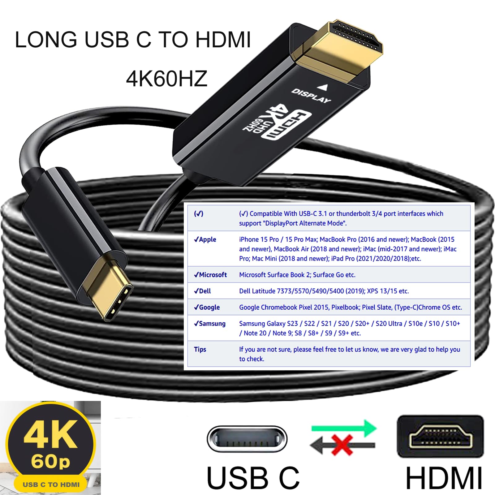 USB C to HDMI Cable 25FT 4K60HZ,USB Type C to HDMI Adapter, Thunderbolt 3/4 to HDMI Cable Compatible with Galaxy S22 /S20, MacBook Pro/Air 2020, iPad Pro 2021/2020, Surface Book 2, XPS 15