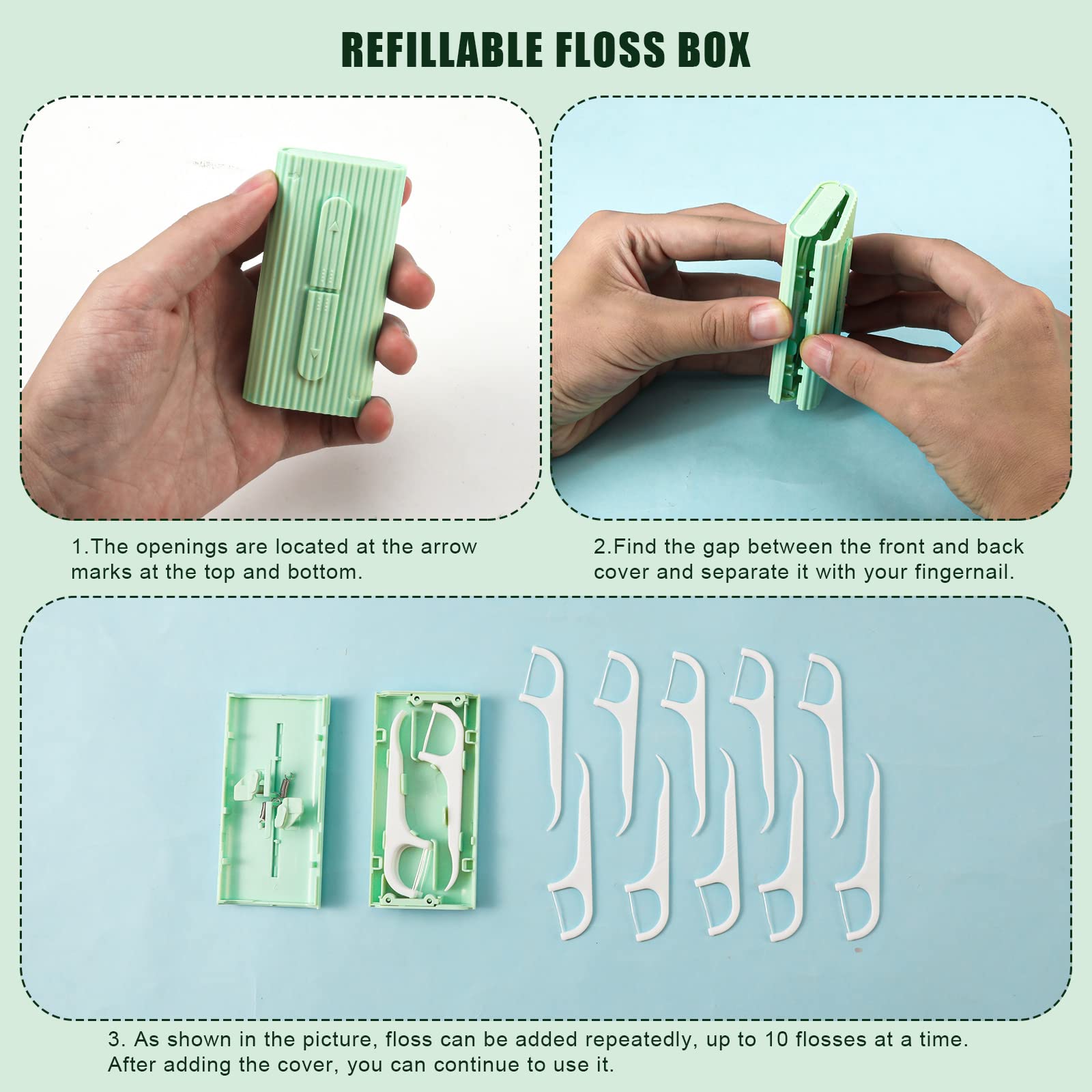 2pcs Dental Floss Portable Box, Food Grade Materials Storage 10 Dental Floss Dispenser Portable Holder with Case for Cleaning Teeth and Oral Care at Dating, Travel, Hotels (Green)