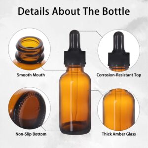 Comrzor 48 Pack 1oz Amber Glass Bottles with Glass Eye Droppers for Essential Oils, Perfumes & Lab Chemicals (Brush, Funnels, 2 Extra Droppers, 54 Pieces Labels & 30ml Measuring Cup Included)