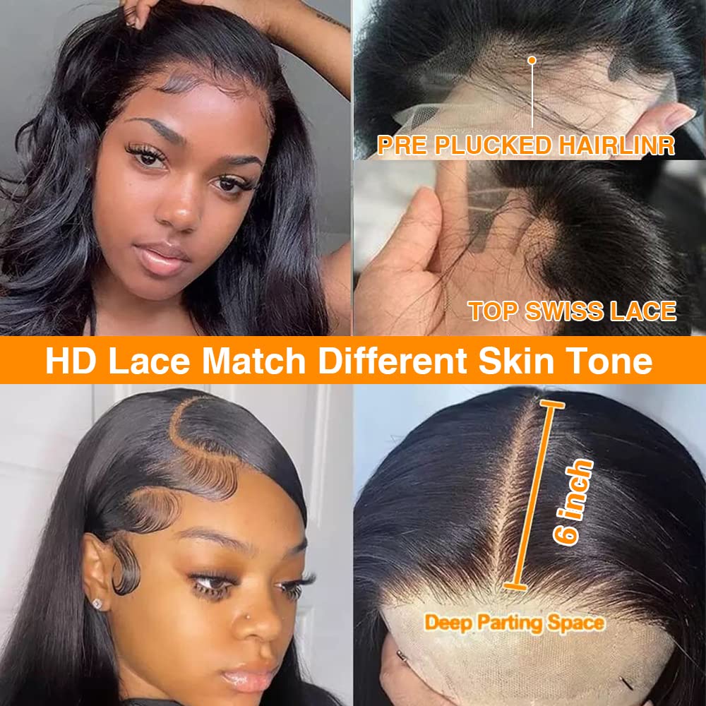 Dixtefo 13x6 HD Glueless Straight Lace Front Wigs Human Hair Transparent Lace Frontal Wigs 220% Density Brazilian Virgin Human Hair Wigs for Women Pre Plucked with Baby Hair Natural Color 30 Inch