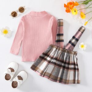 Madjtlqy Baby Girls Fall Winter 2Pcs Outfit Sets Ribbed Long Sleeve Pullover Tops + Plaid Suspender Skirt 12 18 24M 2T 3T 4T 5T (A-Pink, 4-5 Years)