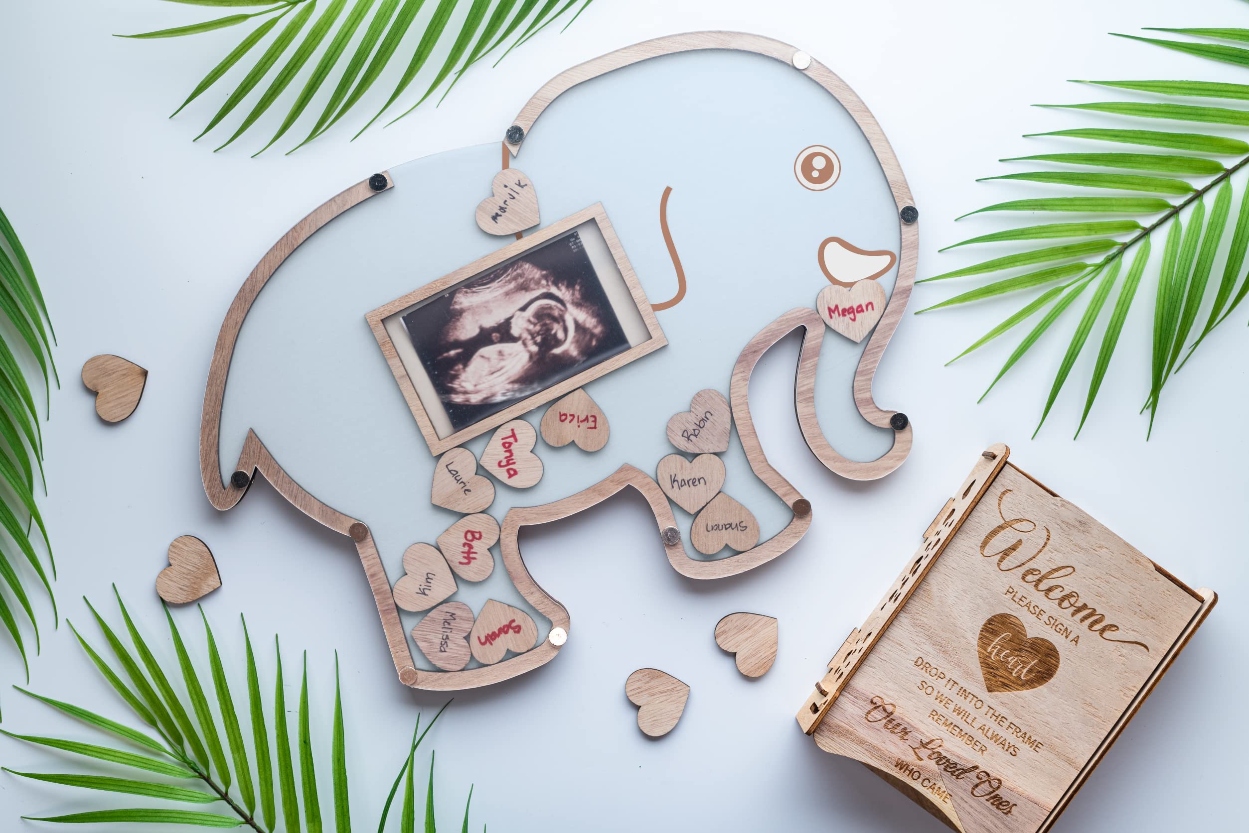 Baby Shower Guest Book Alternatives - Elephant Baby Shower Decorations For Boy - Blue Baby Shower Centerpiece - Jungle Baby Shower Decorations - Baby Sonogram Frame Keepsake- Elephant Nursery Decor Photo Frame - Safari Jungle Baby Shower Sign In Guestbook