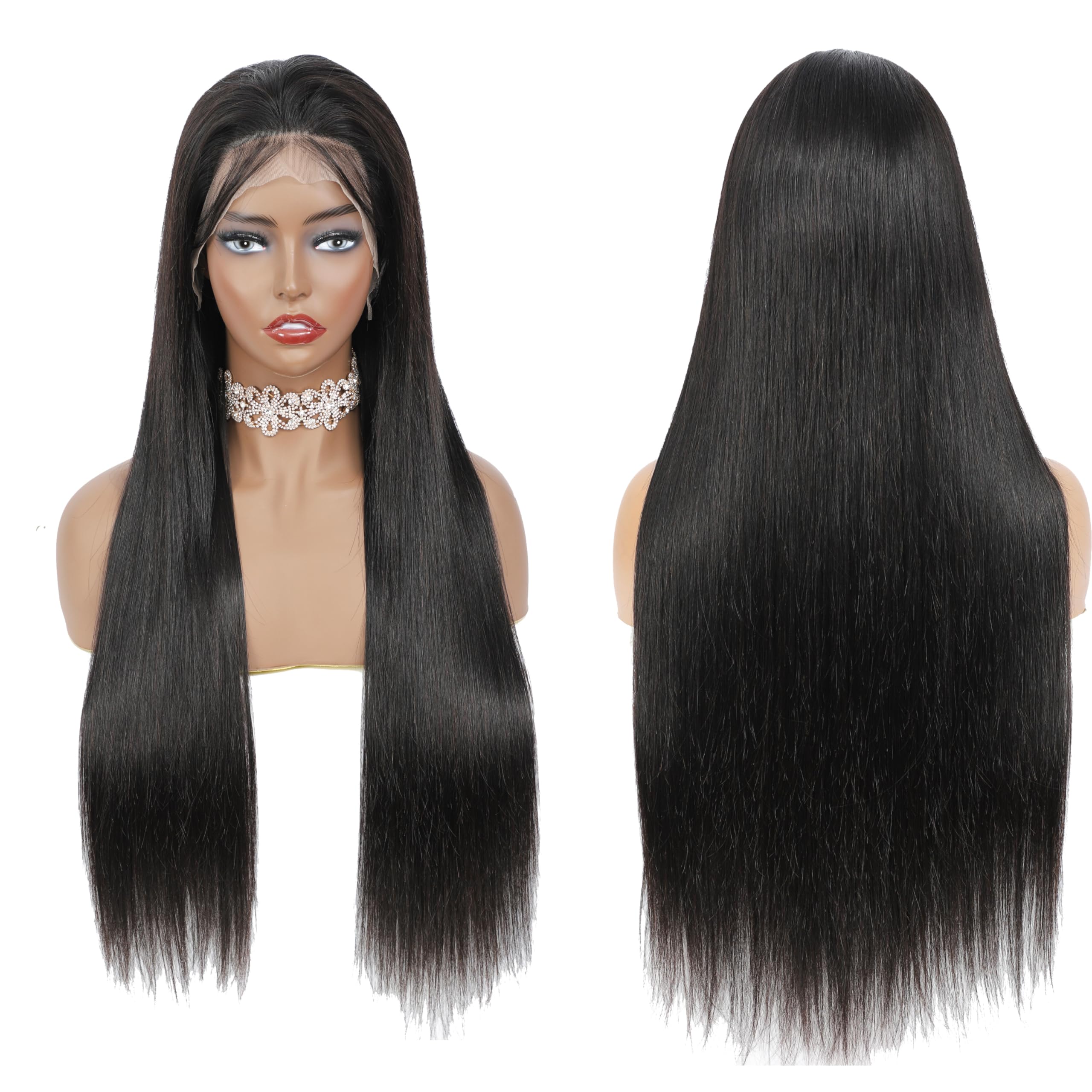 Dixtefo 13x6 HD Glueless Straight Lace Front Wigs Human Hair Transparent Lace Frontal Wigs 220% Density Brazilian Virgin Human Hair Wigs for Women Pre Plucked with Baby Hair Natural Color 30 Inch