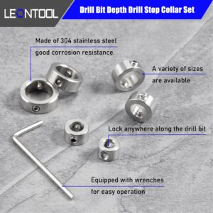 LEONTOOL 12 Pcs 3-16mm Drill Bit Depth Stop Collar Set 304 Stainless Steel Drilling Limit Ring Drill Bit Stop Collar Set Stop Bit Collar Set Drill Tool with Hex Wrenches and Storage Box