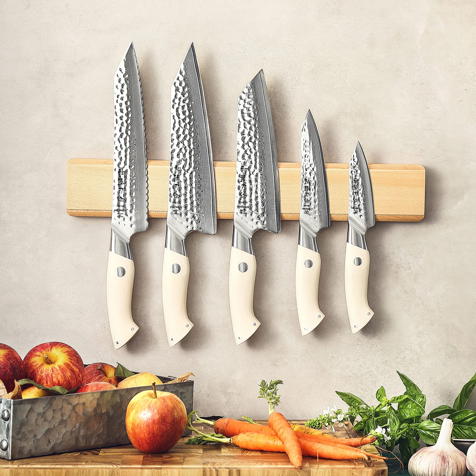 HEZHEN Damascus Steel Kitchen Knife Set 5PCS, 67 Layers Damascus Chef Knife Universal Peeling Knife Paring Bread Knife, Ivory White G10 Handle Cooking Tools