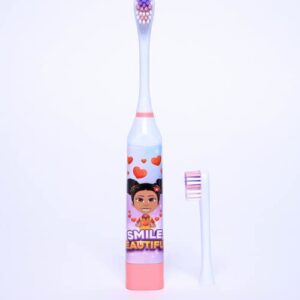 OUR REFLECTIONS Kids Battery Powered, 2 Toothbrush Heads, Soft Bristles, Ages 3 and up. Diversity Girl Nora, Boy John (Nora Electric Toothbrush, Pink)