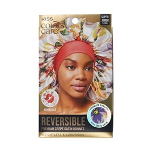 kiss colors & care reversible hair bonnet super jumbo - floral design, luxurious satin & breathable material for hair protection from dryness, friction & split ends overnight - for all hair types