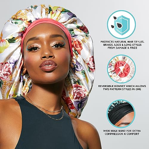 KISS COLORS & CARE Reversible Hair Bonnet Super Jumbo - Floral Design, Luxurious Satin & Breathable Material for Hair Protection from Dryness, Friction & Split Ends Overnight - for All Hair Types