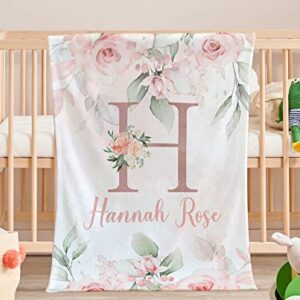 Personalized Baby Blanket for Girls with Name, Soft Micro Fleece Baby Blanket with Flowers, Baby Blanket Keeps Warm for Newborn, Infant, Floral