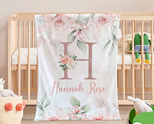 Personalized Baby Blanket for Girls with Name, Soft Micro Fleece Baby Blanket with Flowers, Baby Blanket Keeps Warm for Newborn, Infant, Floral