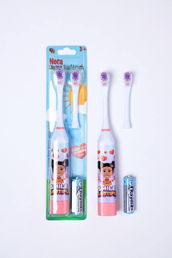 OUR REFLECTIONS Kids Battery Powered, 2 Toothbrush Heads, Soft Bristles, Ages 3 and up. Diversity Girl Nora, Boy John (Nora Electric Toothbrush, Pink)