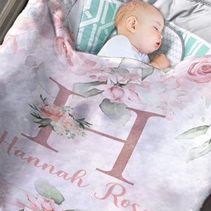 personalized baby blanket for girls with name, soft micro fleece baby blanket with flowers, baby blanket keeps warm for newborn, infant, floral