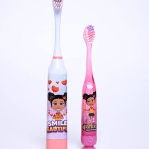 OUR REFLECTIONS Kids Battery Powered, 2 Toothbrush Heads, Soft Bristles, Ages 3 and up. Diversity Girl Nora, Boy John (Nora Electric Toothbrush, Pink)