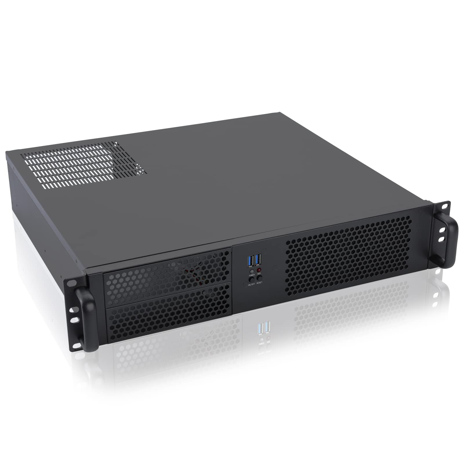 RackChoice 2U Micro ATX Compact Rackmount 2 x 5.25 Chassis Support ATX PS2 PSU with 120mm Fan on top, USB3.0 with 2.0 Adapter