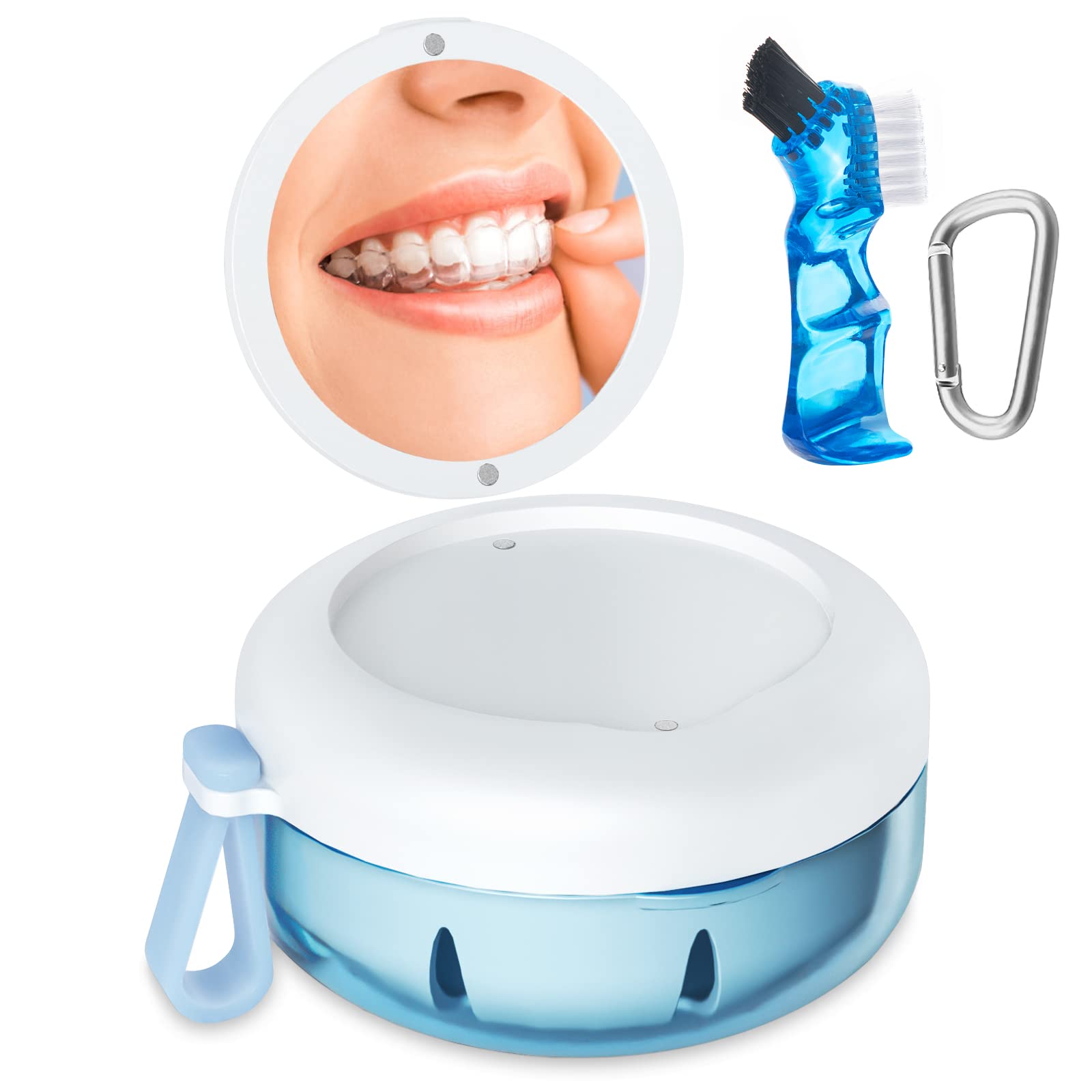 Denture Bath Case, Denture Cup, Leak Proof Portable Retainer Case, Denture Cleaning Kit with Cleaner Brush, Denture Box with Strainer & Mirror, Denture Case for Aligner Retainer Mouth Guard