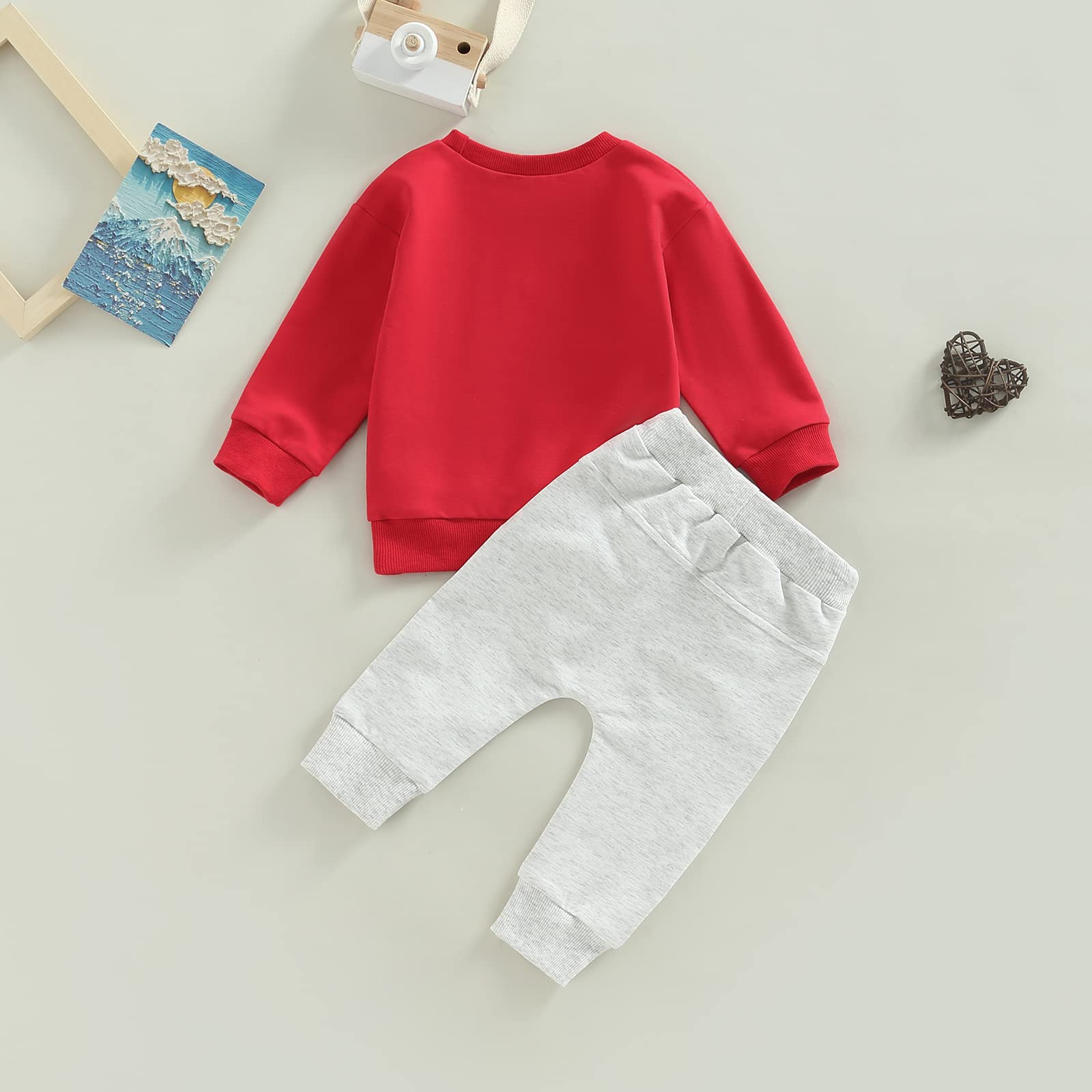 GOOCHEER Infant Baby Boy Valentine 's Day Outfit Long Sleeve Sweatshirt Crewneck Pullover Tops Shirts and Jogger Pants Set (Valentine-Grey, 6-12 Months)