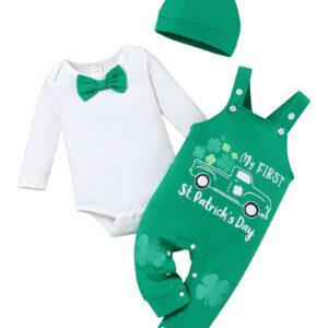 Baby Boy My First St Patricks Day Outfits Bow Gentleman Striped Top Lucky Clover Overalls Set 3PC 3-6 Months