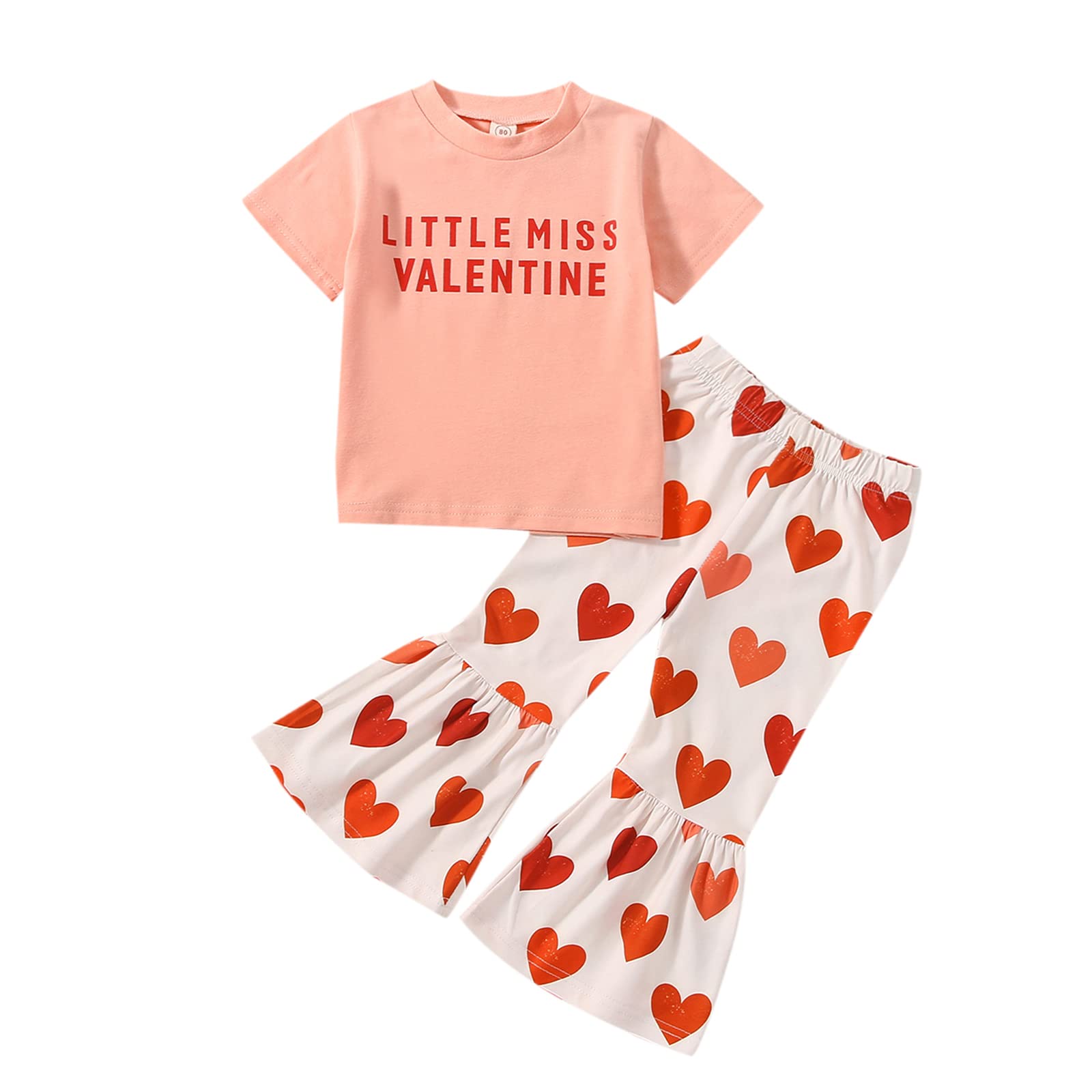 FYBITBO Toddler Baby Girl Valentines Day Outfit Little Miss Short Sleeve Tee Shirt Top Heart Bell Pants Spring Clothes (Heart print pink,6-12 Months)