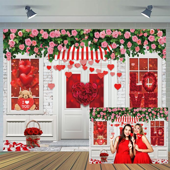 CYLYH 8X6FT Valentine's Day Backdrop Valentine's Day Store Backdrop Pink Rose Flower Brick Wall Background Love Wedding Bridal Shower Party Backdrops D807