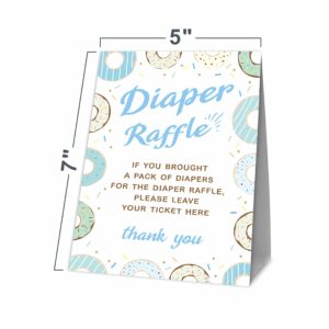 JCVUK Baby Shower Games, 1 Diaper Raffle Standing Sign with 50 Diaper Raffle Tickets,Donut Love Theme Babyshower Party Decorations and Supplies For Boys or Girls(LBLK-B08)