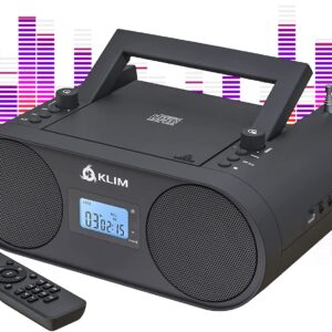 KLIM® Boombox B4 CD Player Portable Audio System - New 2024 - AM/FM Radio with CD Player MP3 Bluetooth AUX USB - Wired & Wireless Mode Rechargeable Battery - Remote Control Autosleep Digital EQ