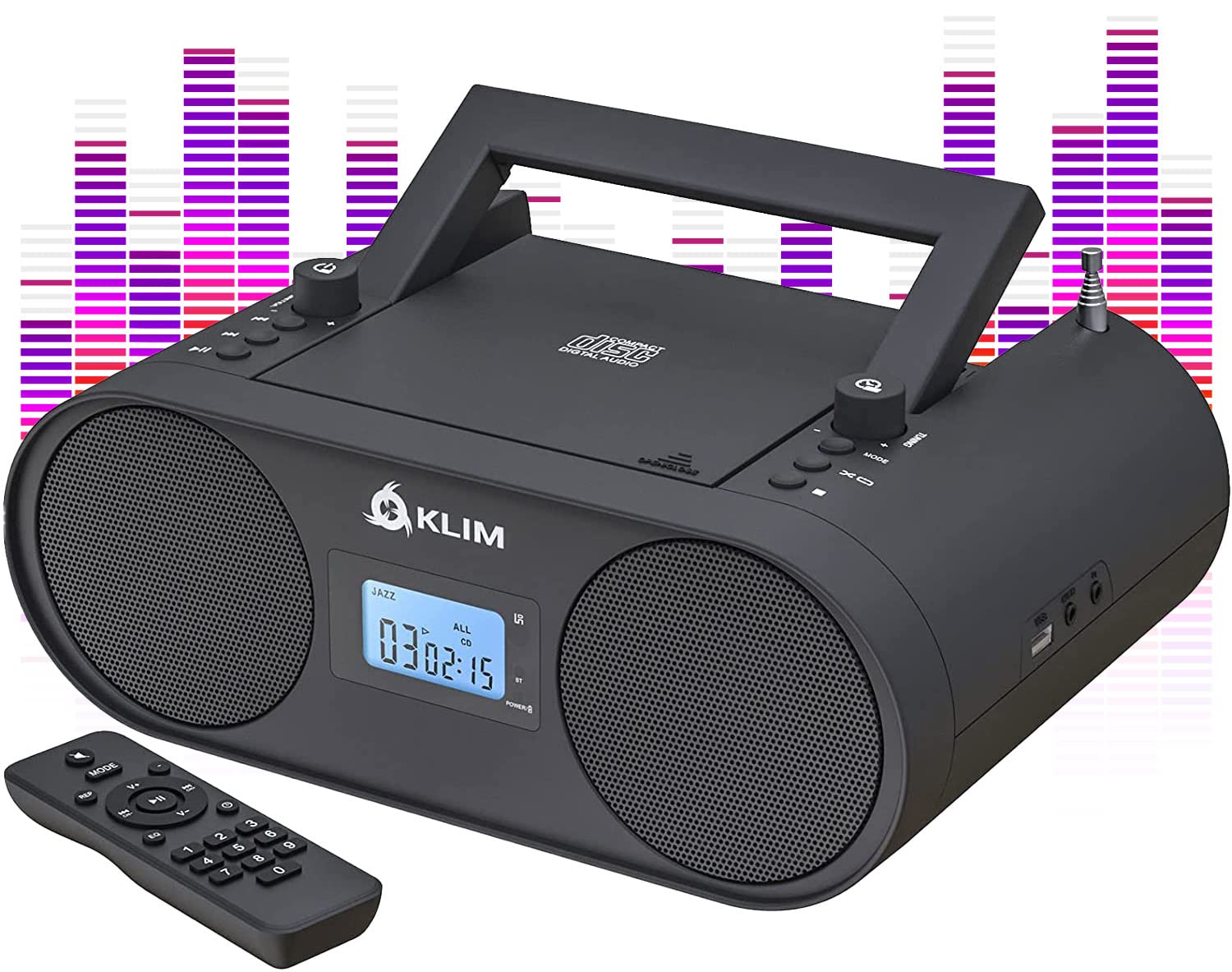 KLIM® Boombox B4 CD Player Portable Audio System - New 2024 - AM/FM Radio with CD Player MP3 Bluetooth AUX USB - Wired & Wireless Mode Rechargeable Battery - Remote Control Autosleep Digital EQ