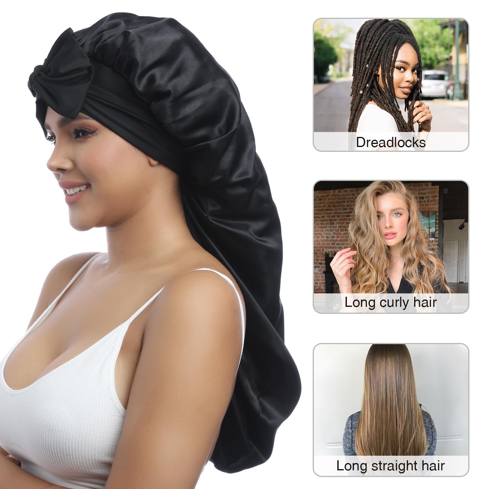 AWAYTR Long Satin Bonnet for Women - Double Layer Elastic Silk Bonnet for Braids Hair Sleeping Cap with Tie Band (Black)