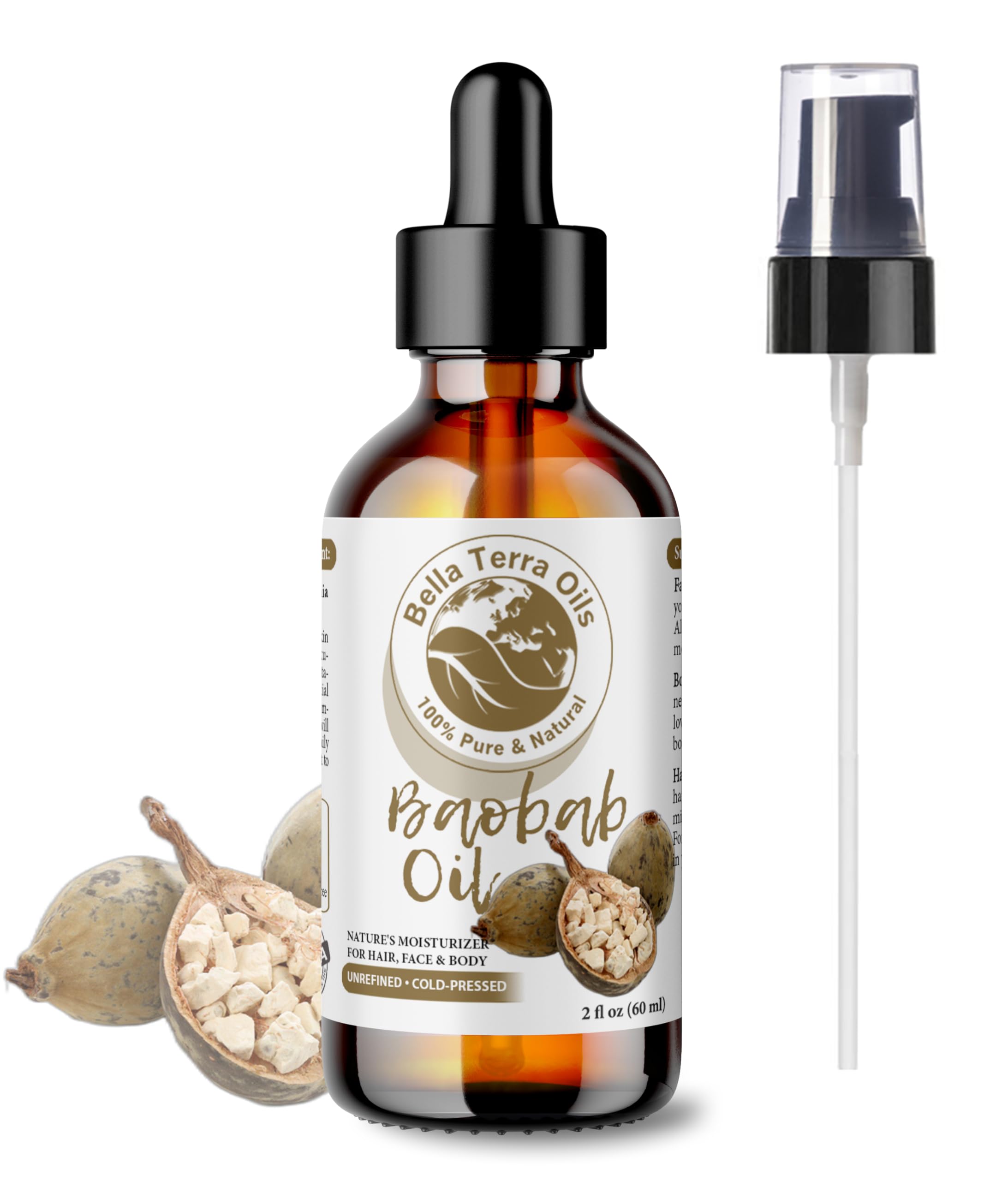 Bella Terra Oils - Baobab Oil 2oz - Infused with Polyphenols & Bioflavonoids, Unearth the Secrets of Nature for a Flawless Skin Appearance