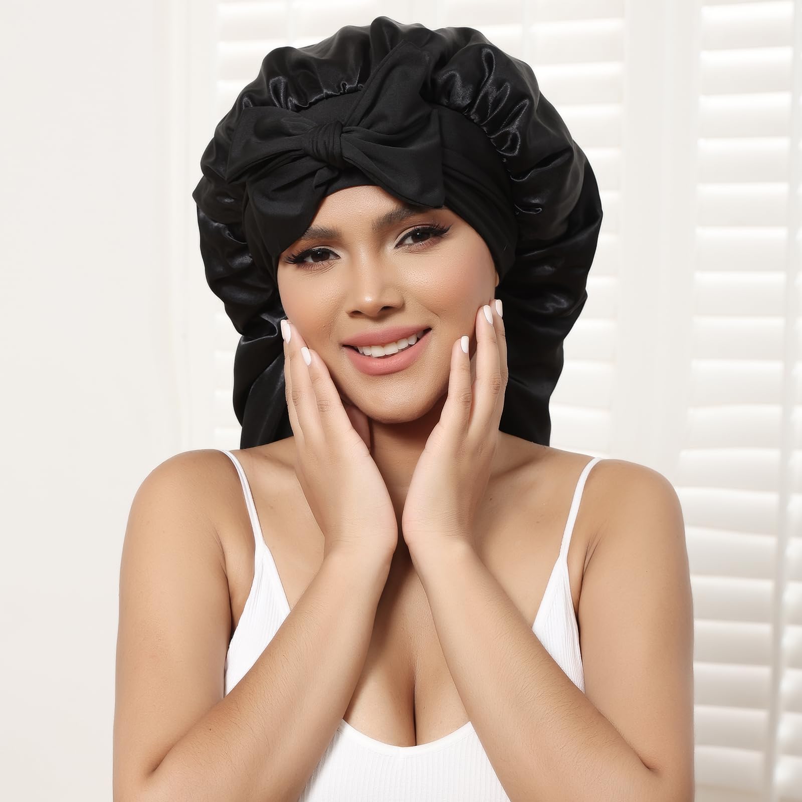 AWAYTR Long Satin Bonnet for Women - Double Layer Elastic Silk Bonnet for Braids Hair Sleeping Cap with Tie Band (Black)