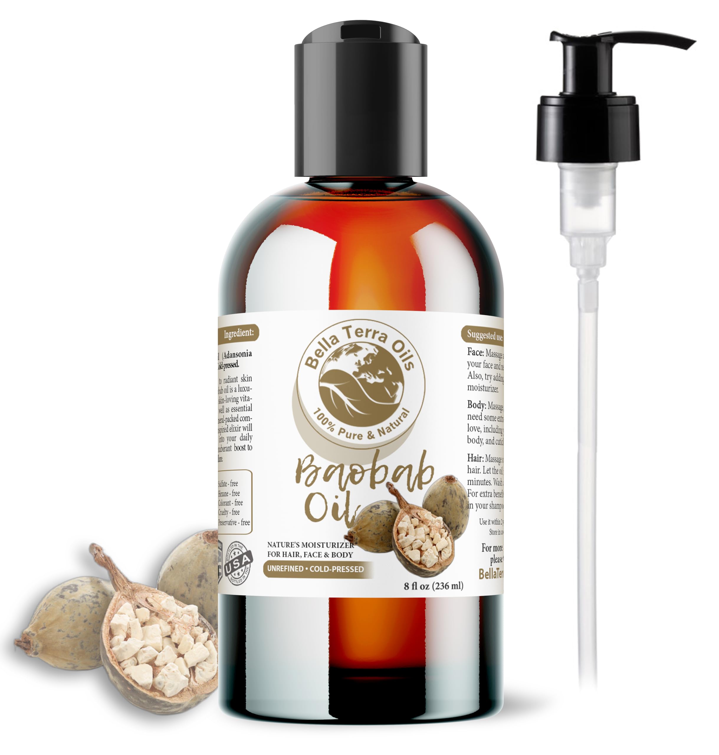 Bella Terra Oils - Baobab Oil 8 oz - Derived from the Majestic Baobab Tree, Enriched with Vitamin A & F, For a Smooth, Plush Skin Experience