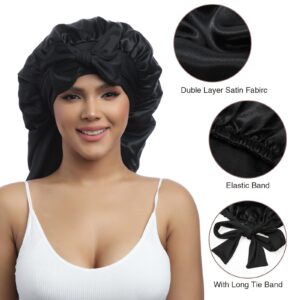 AWAYTR Long Satin Bonnet for Women - Double Layer Elastic Silk Bonnet for Braids Hair Sleeping Cap with Tie Band (Black)