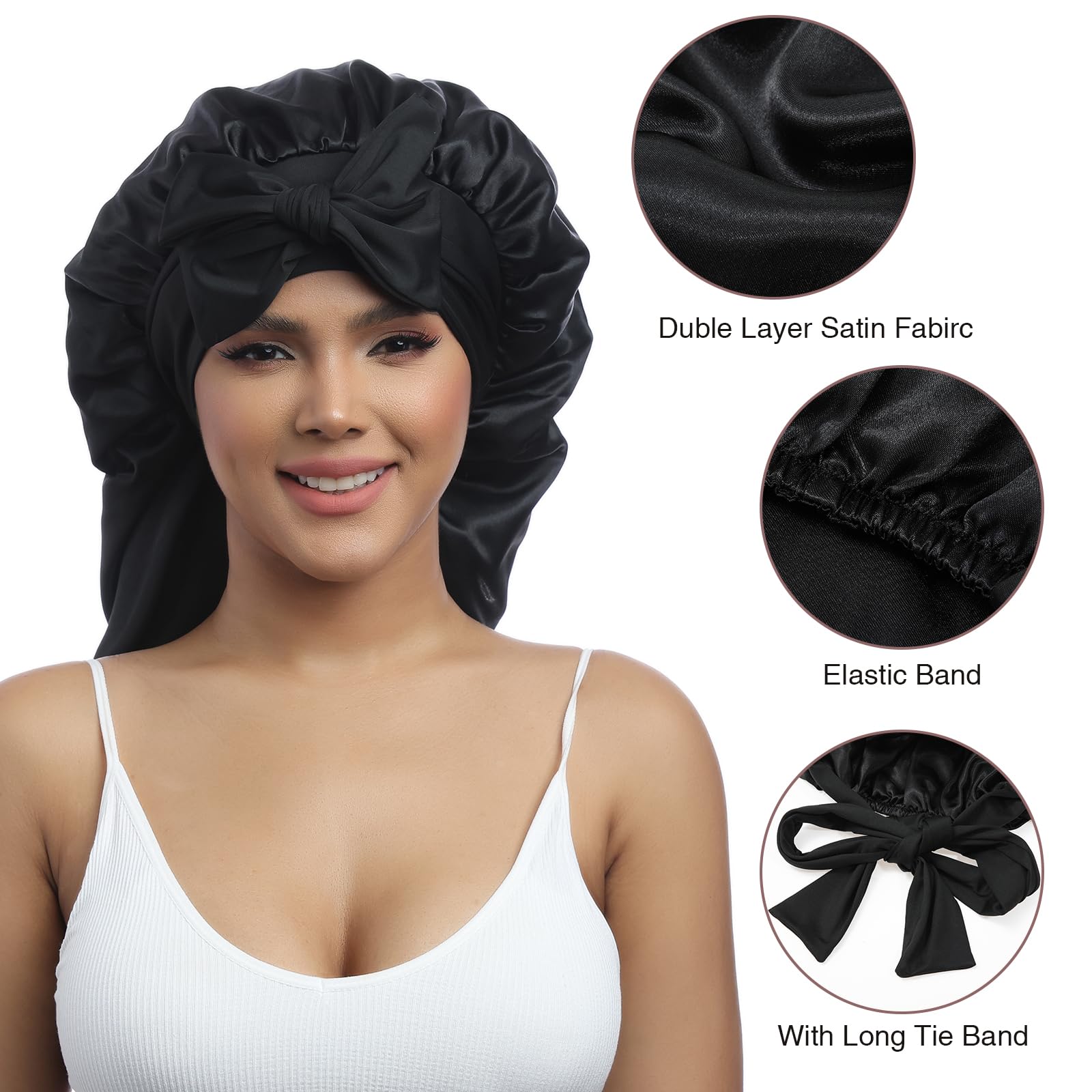 AWAYTR Long Satin Bonnet for Women - Double Layer Elastic Silk Bonnet for Braids Hair Sleeping Cap with Tie Band (Black)