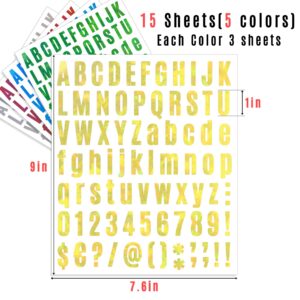 15 Sheets 1215 Pcs Laser Self-Adhesive Letter Stickers Shiny Sparkle Vinyl Letter for Water Bottle Alphabet Number Stickers Mailbox Numbers DIY Decals for Scrapbooks Sign Home School Office Decoration