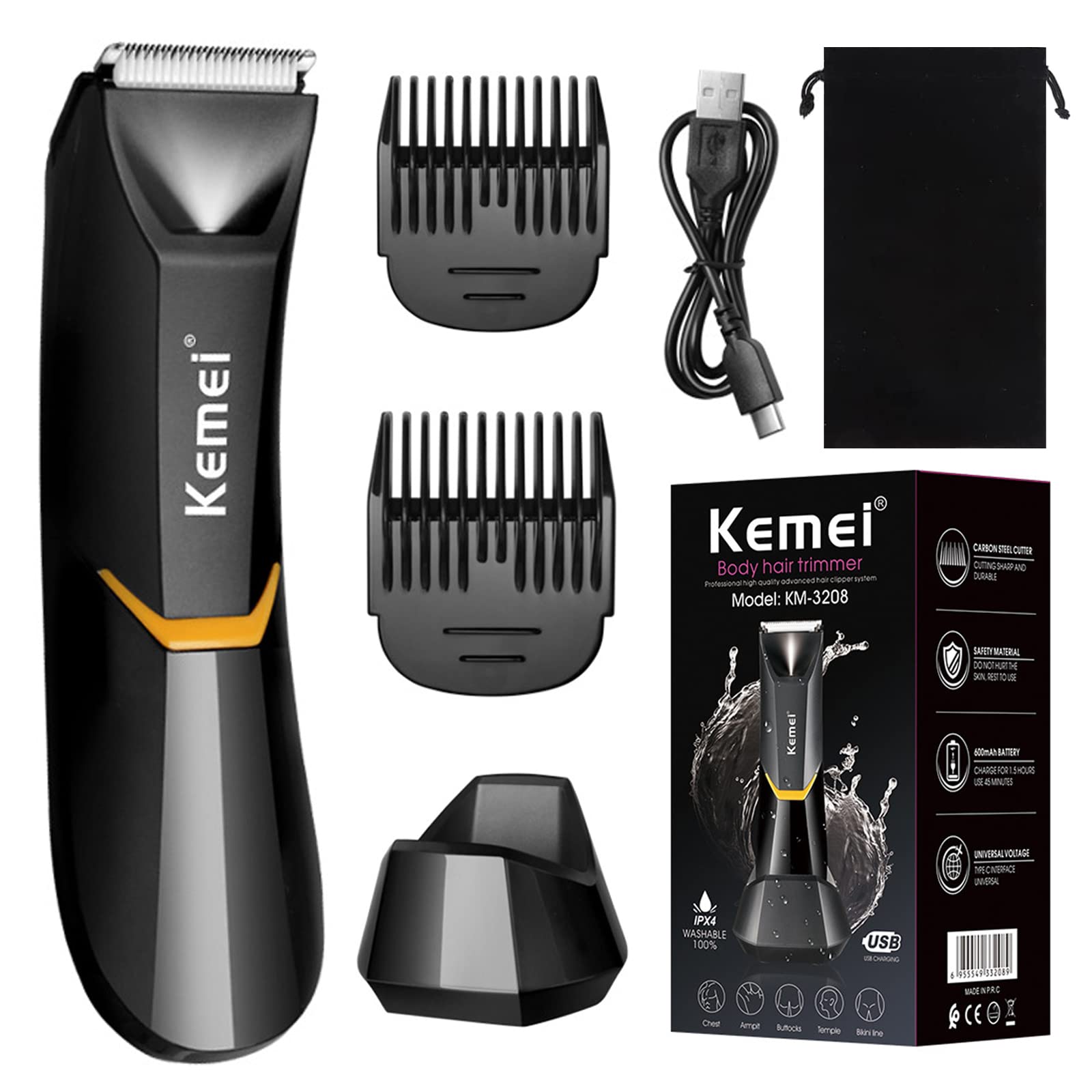 KEMEI 3208 Body Hair Trimmer, Electric Groin Trimmers for Men, Replaceable Electric Cordless Ball Hair Trimmer Shaver, Multi-Function Body Groomer Set Pubic Trimmers with Washable Blade