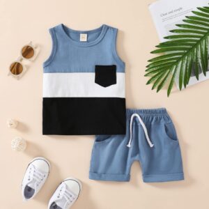 ADXSUN Toddler Baby Boy Clothes Color Block Sleeveless Tops+ Casual Shorts Summer Outfits Set