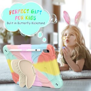 Ambison Case for iPad 10th Generation 2022 10.9 inch for Kids Girls with 9H Tempered Glass Screen Protector, Rugged Heavy Duty Shockproof Protective Case with Butterfly Stand,Carrying Strap-Multicolor