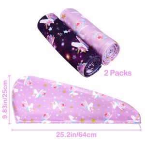 FIOBEE Microfiber Hair Towel Wrap for Kid Rapid Drying Towel Absorbent Hair Turbans for Wet Hair with Button Women Girls Long Curly Hair Pack of 2, Purple