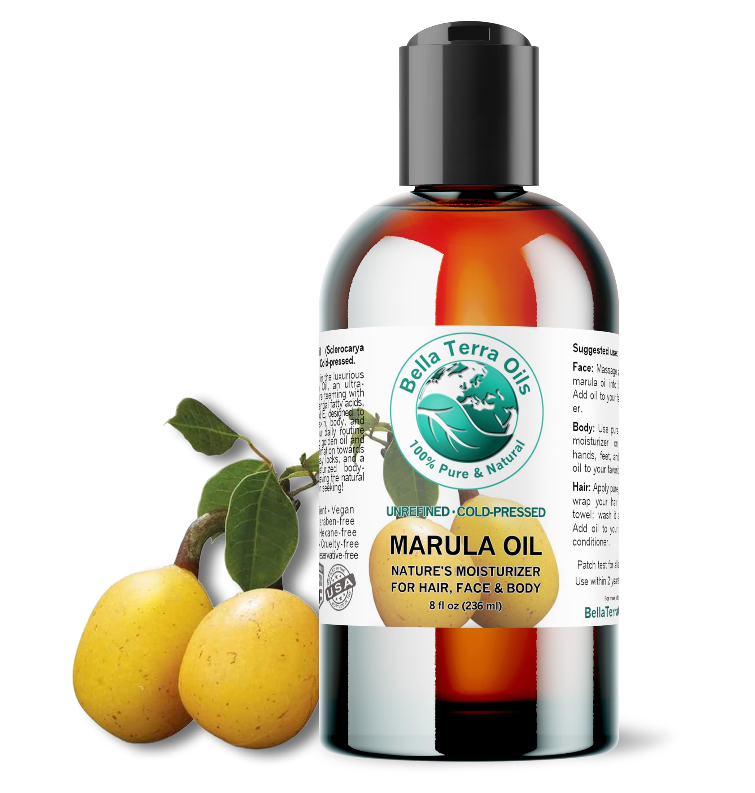 Bella Terra Oils - Marula Oil 8 oz - Cold-Pressed, Rich in Amino Acids & Antioxidants, the Epitome of Luxury Face Oil, Boost Your Glow