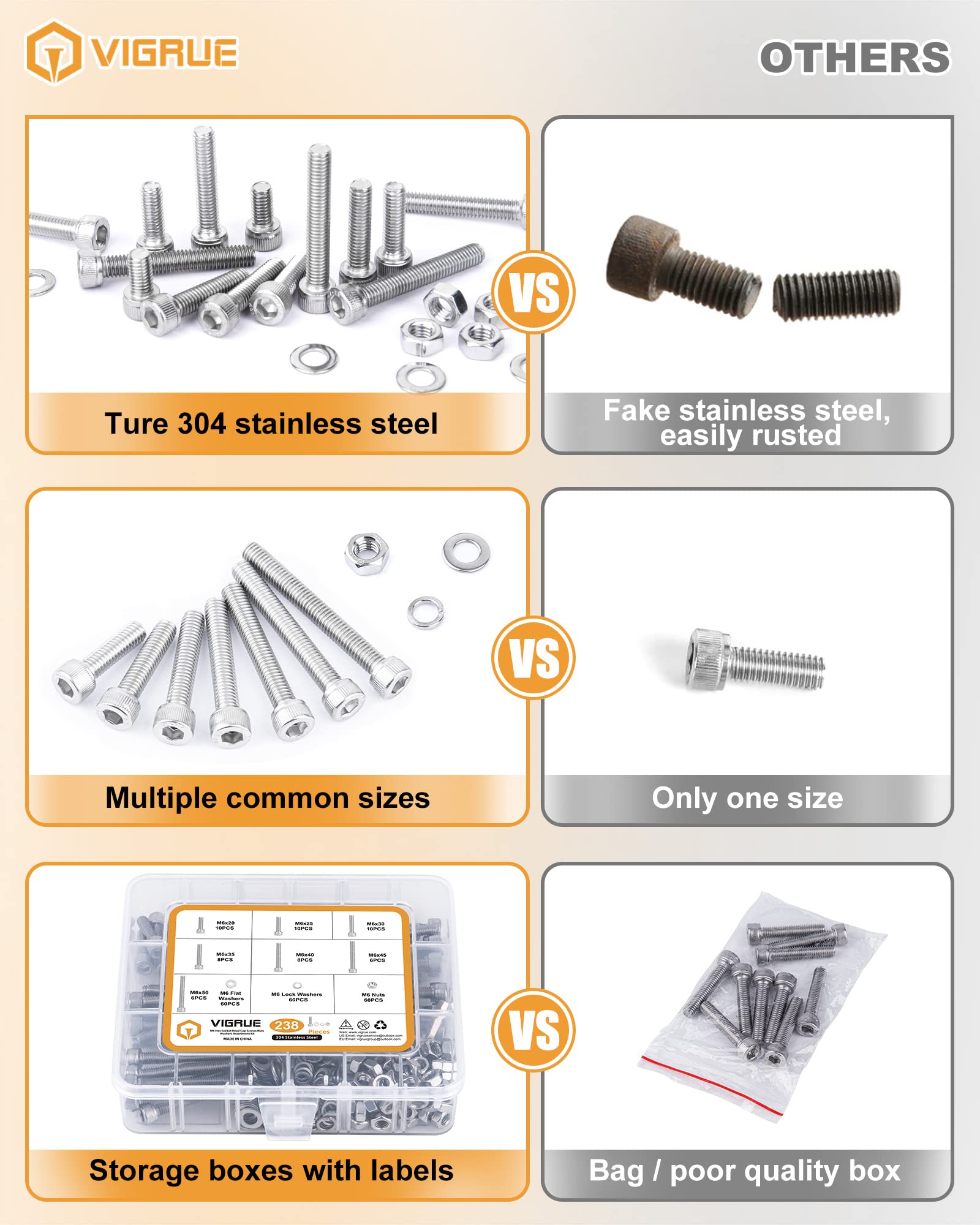 VIGRUE 238PCS M6-1.0 x 20/25/30/35/40/45/50mm Hex Socket Head Cap Screws, Stainless Steel 304 Allen Head Bolts Nuts Kit, Full UNC Thread