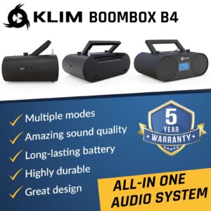 KLIM® Boombox B4 CD Player Portable Audio System - New 2024 - AM/FM Radio with CD Player MP3 Bluetooth AUX USB - Wired & Wireless Mode Rechargeable Battery - Remote Control Autosleep Digital EQ