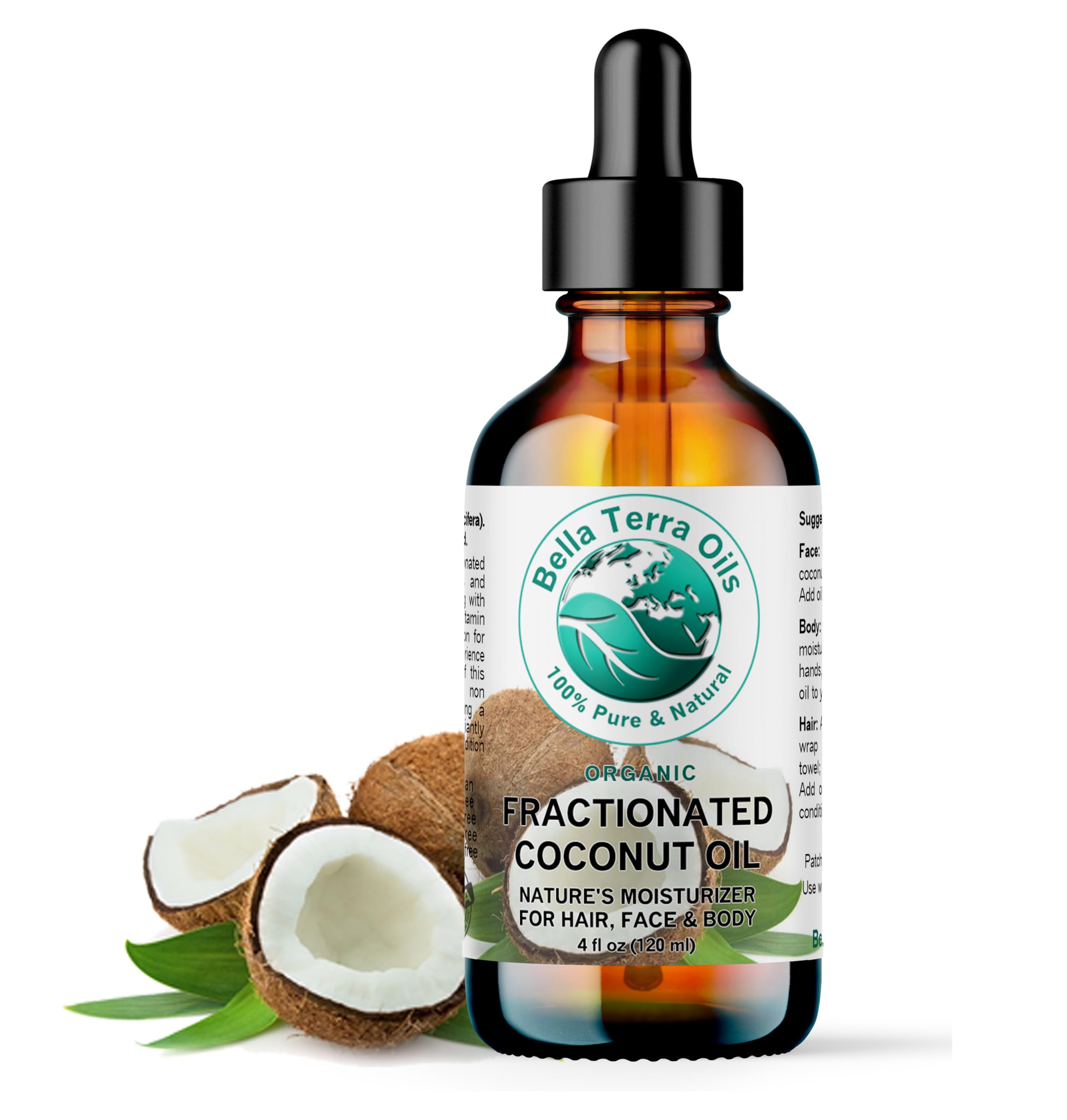 Bella Terra Oils - Organic Fractionated Coconut Oil (MCT) 4 oz - A Treasured Elixir from Coconut, Enriched with Caprylic & Capric Acid, The Ultimate Carrier for Mixing Oils