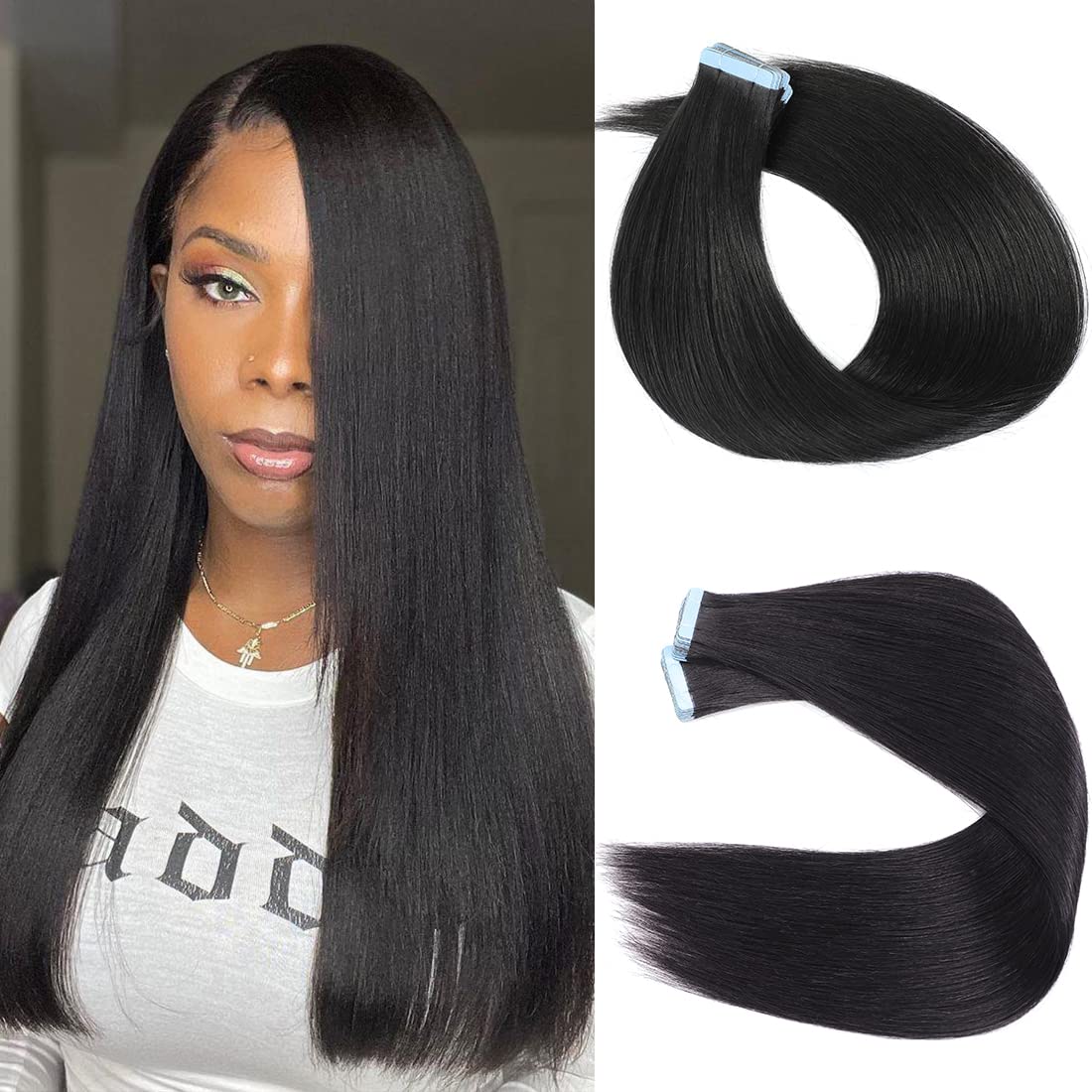 Tape in Hair Extensions Human Hair 40 Pcs Light Yaki Straight Tape in Extensions for Black Women Urbeauty Seamless Invisible Tape Hair Extensions Real Human Hair Natural Black Color 18 Inch