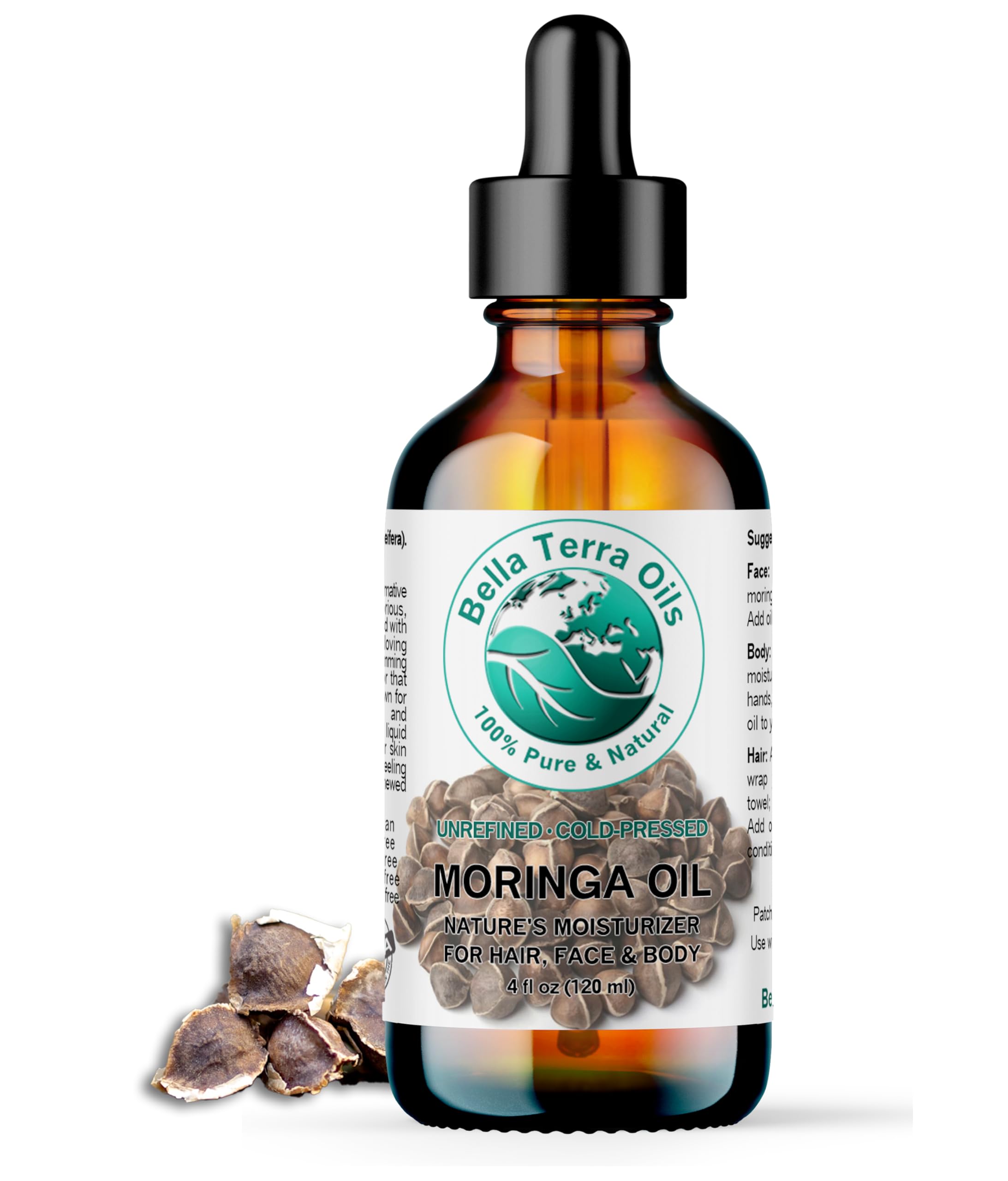 Bella Terra Oils - Organic Moringa Oil 4 oz - Celebrating Pure Premium Organic Moringa, Enriched with Antioxidants, Best for Nourishing Skin’s Natural Glow