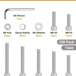 VIGRUE 238PCS M6-1.0 x 20/25/30/35/40/45/50mm Hex Socket Head Cap Screws, Stainless Steel 304 Allen Head Bolts Nuts Kit, Full UNC Thread