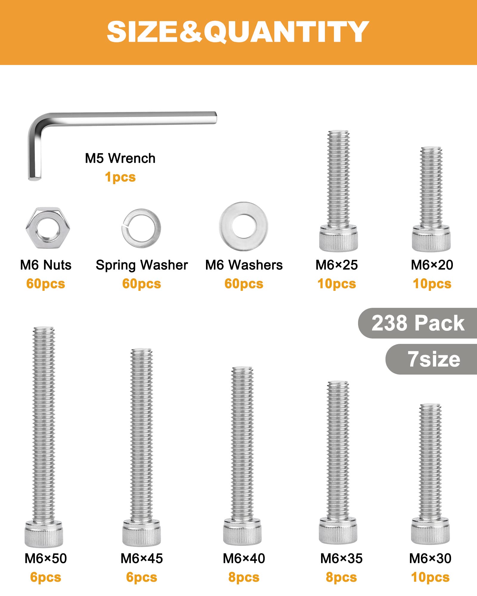 VIGRUE 238PCS M6-1.0 x 20/25/30/35/40/45/50mm Hex Socket Head Cap Screws, Stainless Steel 304 Allen Head Bolts Nuts Kit, Full UNC Thread